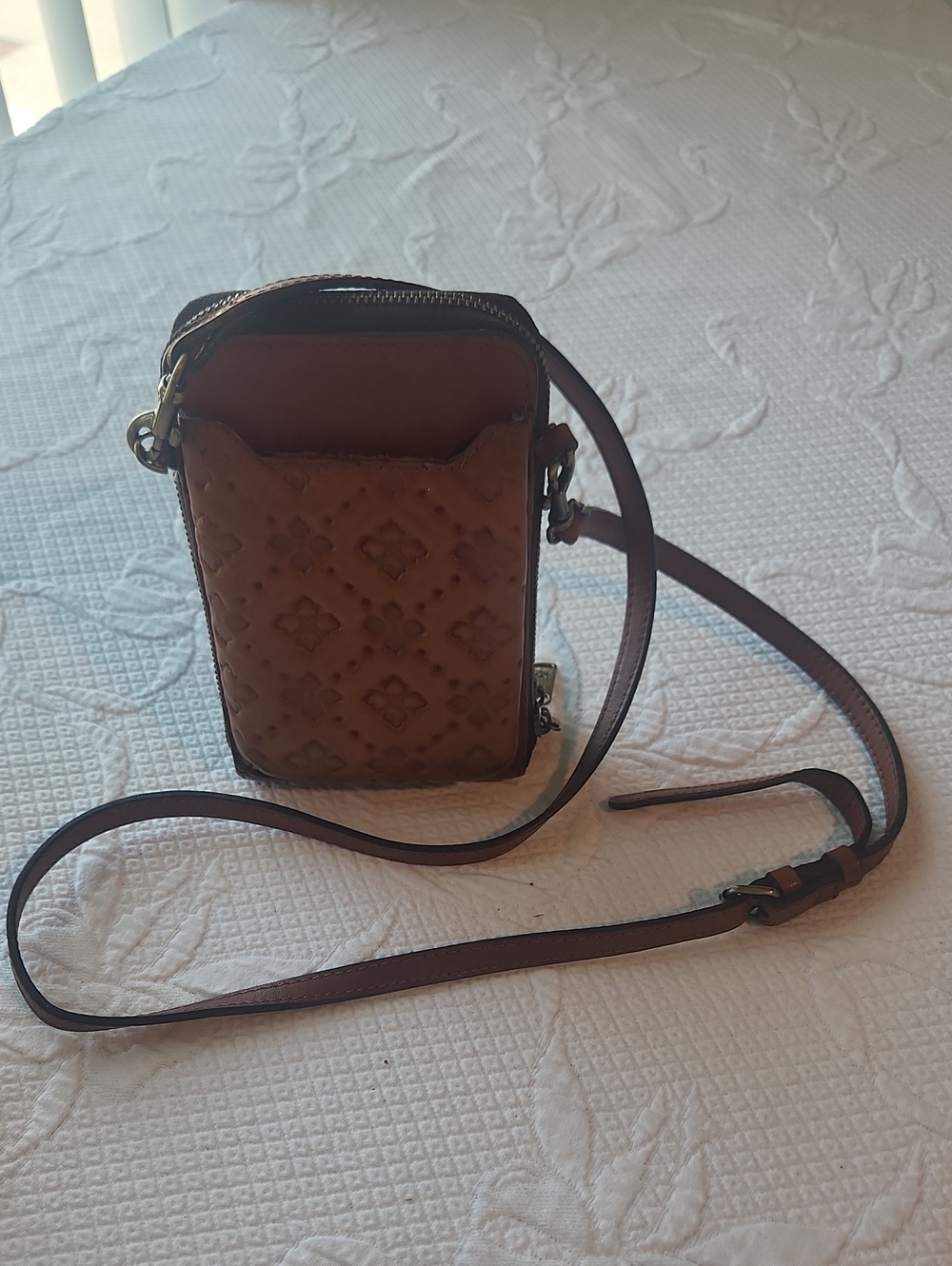 Patricia Nash Embossed Tan Floral Mini Crossbody
